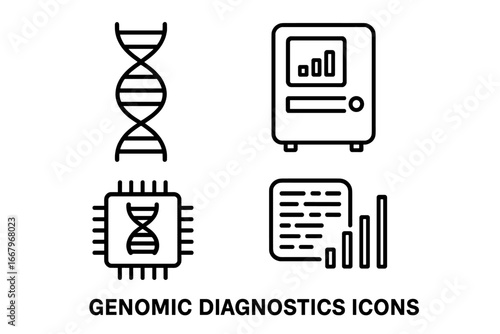 Genomic diagnostics outline icon set. Gene sequencing, DNA helix, lab-on-a-chip, and bioinformatics data analysis symbols. Biotechnology and genetic research vector concept.