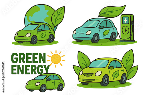 Green energy transport concepts with electric cars at a charging station. Eco vehicle for a sustainable future. Ecology icon set. Cartoon vector illustration for clean power.