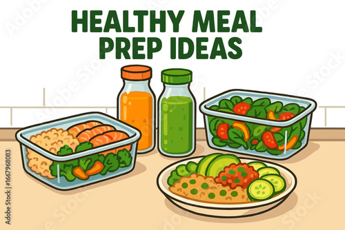Healthy meal prep concept with lunch boxes. Diet food planning illustration. Portion control containers with salmon, salad, rice. Vector cartoon of clean eating lifestyle.