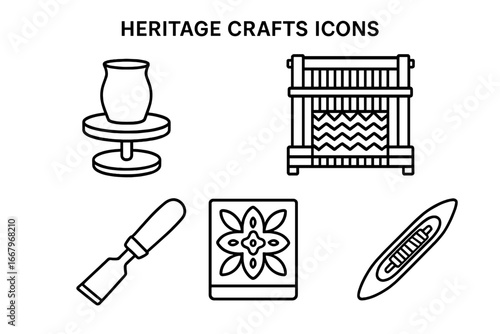 Heritage crafts outline icon set. Vector symbols of traditional artisan skills like pottery, weaving, and carving. Includes pottery wheel, loom, chisel, woodblock, and shuttle.