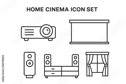 Home cinema line icon set. Home theater equipment outline pictograms. Projector, screen, surround sound speakers, media console, blackout curtain. Entertainment vector symbols.