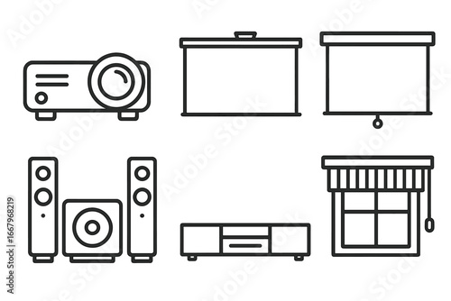 Home cinema outline icon set. Vector line art symbols for home theater setup. Projector, screen, surround sound speakers, media console, and blackout blinds equipment icons.