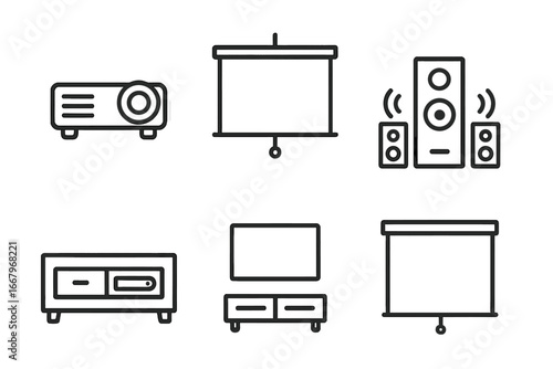 Home cinema icon set. Vector line art icons for home theater setup. Projector, screen, surround sound speakers, TV, media console for entertainment and movie night concepts.