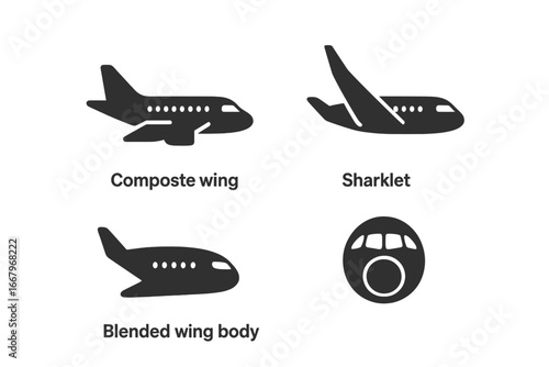 Modern aircraft icon set. Solid filled pictograms of airplane design concepts. Composite wing, sharklet winglet, blended wing body and cockpit glass nose view. Aviation vector.