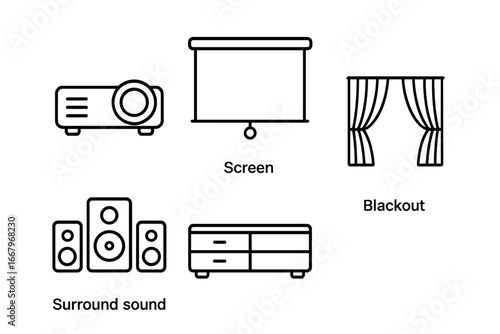 Home cinema outline icon set. Vector collection of home theater equipment symbols. Projector, screen, surround sound, media console, blackout curtain for entertainment system.