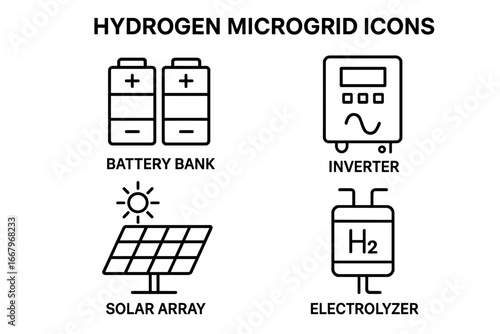 Hydrogen microgrid icon set. Outline icons of renewable energy components: solar array, battery bank, inverter, and electrolyzer. Green energy and power technology vector.
