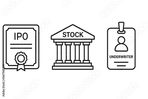 IPO preparation outline icon set. Initial public offering steps with stock certificate, exchange building, and underwriter badge. Finance, investment, and business concept vector.