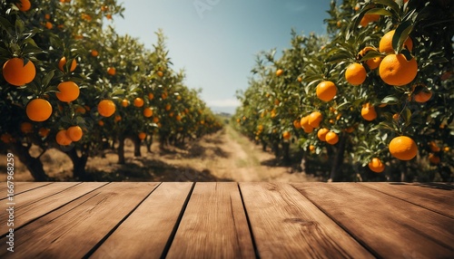 a wooden table in the foreground leads the eye down a row of orange trees laden with fruit under a bright sky.