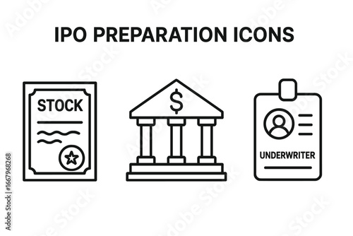 IPO preparation icon set. Initial public offering, stock market, finance concept. Vector icons of stock certificate, stock exchange building, underwriter badge. Investment theme.