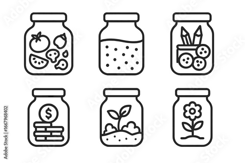 Jar icon set for various uses. Vector line icons of food preserves, pickles, savings money jar, craft supply storage, terrarium, and flower vase. Multipurpose container.