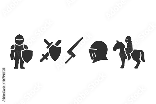 Knightly defense solid icons set. Armored knight, sword, shield, broken lance, helmet, and cavalry horseman pictogram. Medieval weapons and armor glyphs for history or fantasy.