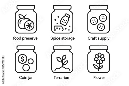 Jar outline icon set. Vector concepts of various uses: food preserve, fruit jam, spice storage, craft supply, savings coin jar, terrarium plant, flower vase. Minimalist line icons.