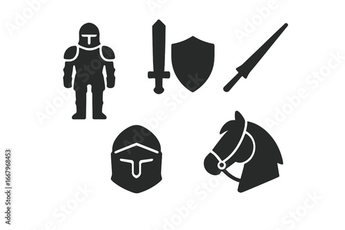 Knightly defense icons set. Solid glyph collection of medieval warrior symbols. Armored knight, sword, shield, lance, helmet, and cavalry horse for history or fantasy themes.