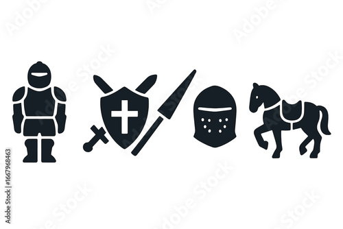 Medieval knight icon collection. Solid vector glyphs. Armored warrior, shield, cross, sword, lance, helmet, cavalry horse. Historical middle ages battle and defense concept.