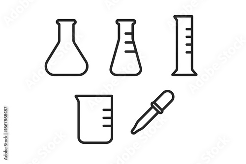 Laboratory glassware line icon set. Vector illustration of scientific lab equipment: flask, beaker, graduated cylinder, pipette. Chemistry research, experiment symbols.