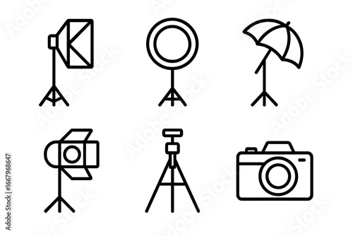 Lighting studio outline icons. Photo and video equipment set with softbox, ring light, umbrella, spotlight, tripod, camera. Vector line art illustration for graphic design.