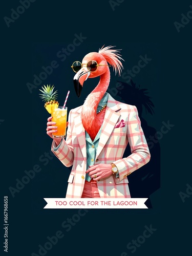 Flamingo in Plaid Suit with Cocktail and Banner Text on Dark Blue Background