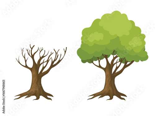 Cartoon tree with green leaves and branch naked trees