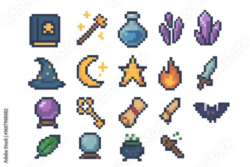 Magic and fantasy pixel art icon set for RPG. Game assets collection with wizard spellbook, wand, potion, sword, crystal ball, cauldron, hat. Retro 8-bit mystical symbols.