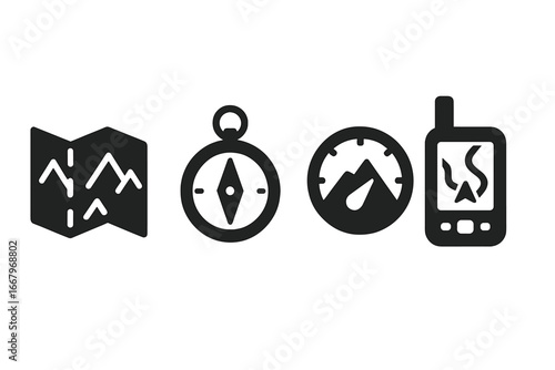 Mountain navigation tools icon set. Solid glyph pictograms of topographic map, compass, altimeter and GPS device. Vector illustration for hiking, exploration and survival.