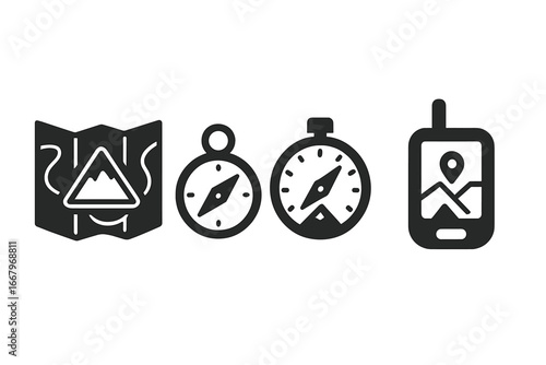 Mountain navigation solid glyph icon set. Outdoor adventure and hiking equipment icons. Topographic map, compass, altimeter, and GPS navigator vector symbols for trekking.