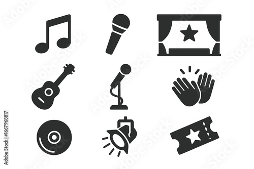 Music and performance icon set for entertainment and event design. Vector symbols for concert, festival, and show. Includes microphone, guitar, stage, spotlight, and ticket.