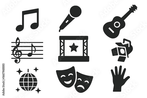 Music and performance icon set. Entertainment vector collection for event design. Concert, festival, and theater symbols. Guitar, microphone, stage, notes, and disco ball.