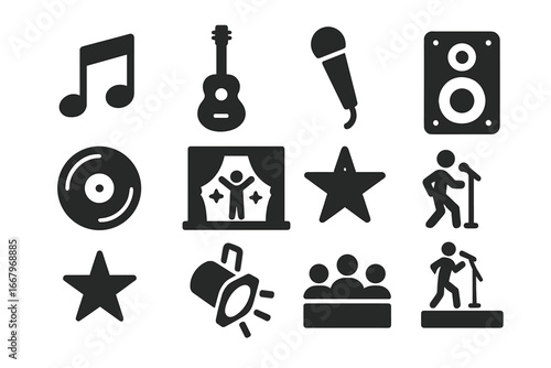 Music and performance vector icon set. Concert, show, and festival symbols. Includes singer on stage, microphone, guitar, speaker, audience, spotlight, star, and note. Live event.