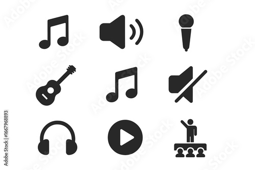 Music performance and audio essential icons set. Flat filled vector symbols for concert, sound, and media player. Includes microphone, guitar, headphones, speaker, mute and play.
