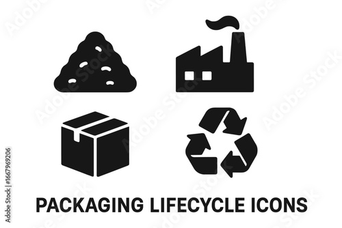Packaging Lifecycle Icons Solid Filled Vector Set Depicting Raw Material Pile, Manufacturing Plant, Packaging Box, and Recycling Symbol for Sustainable Industry Concept