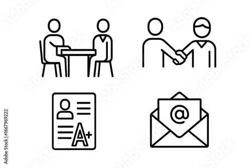 Parent teacher interaction icons set, outline design of parent teacher meetings, handshake agreement, report card evaluation, email communication vector illustration