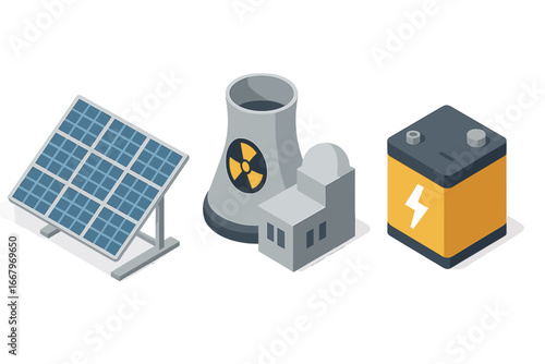 Isometric power generation icons set including solar panel array, nuclear power plant with reactor core, and energy storage battery, flat vector illustration transparent background
