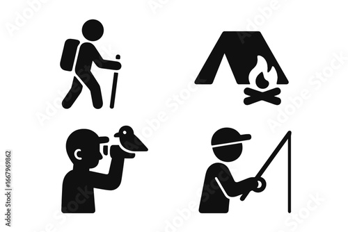 Outdoor activity icons set with solid filled designs featuring hiking, camping, bird watching, wildlife photography, fishing in vector cartoon style