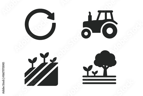 Sustainable farming vector icon set. Agriculture glyphs. Solid icons for eco farming, crop rotation, agroforestry, land management, conservation, ecology, green tractor.