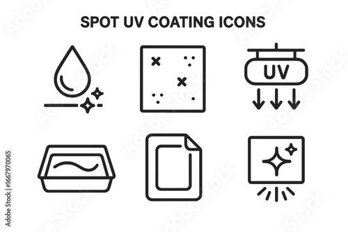 Spot UV Coating Icons Vector Set, Outline Glossy Drop, Matte Surface, UV Lamp, Coating Tray, Mask Film, Curing Process, High Detail Illustration for Print Design