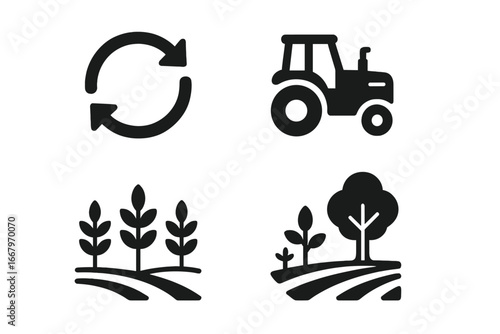 Sustainable farming glyph icon set. Agriculture vector symbols for crop rotation, agroforestry, and green land management. Eco friendly farm tractor and organic cultivation concept.