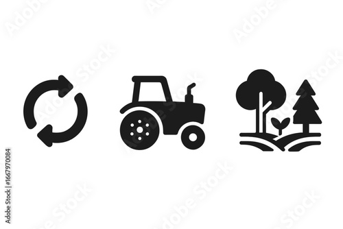 Regenerative agriculture and sustainable farming solid icons. Vector graphic set with crop rotation symbol, farm tractor, and agroforestry for eco-friendly land management.