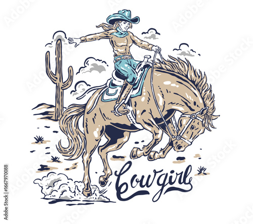 Vector t-shirt graphic showcases a cowgirl riding a horse. The bold text reads "Cowgirls," good vibes capturing a western, adventurous vibe.