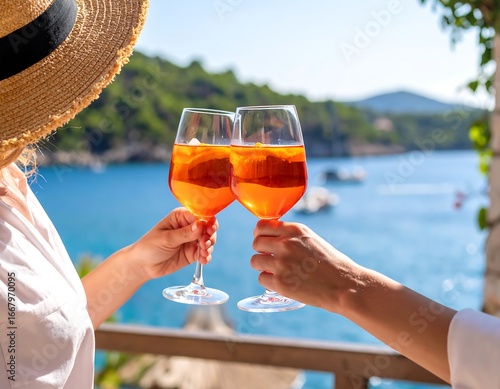 Women toasting drinks, ocean view, sunny day