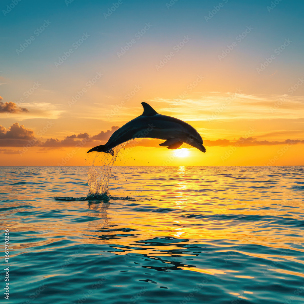 Obraz premium dolphin jumping into the sunset