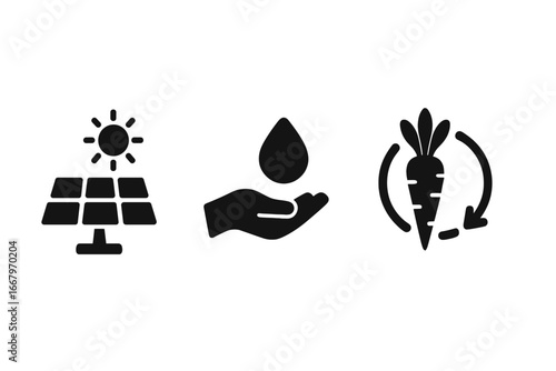 Sustainable practices solid icon set. Green living concepts like solar panel for renewable energy, water conservation drop, and organic farming recycle carrot. Eco friendly vector.
