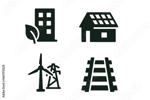 Sustainable infrastructure solid glyph icon set. Green building, eco city development, renewable energy, solar roof, wind power, and railway public transport vector icons.
