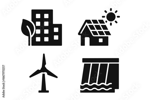 Sustainable infrastructure icon set. Renewable energy glyphs collection. Green building, solar panel roof, wind turbine, and hydro power dam vector symbols. Eco friendly.