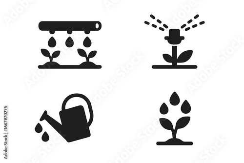 Sustainable irrigation and farming vector icon set. Drip system, sprinkler, and watering can solid glyphs. Concept for agriculture, gardening, and water conservation.