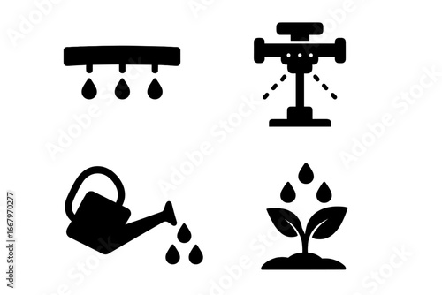 Sustainable irrigation glyph icon set. Drip system, sprinkler head, watering can, and plant growth vector symbols. Smart farming and agriculture water conservation concept.