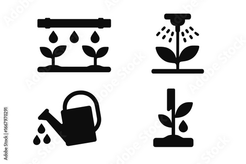 Sustainable irrigation icon set. Solid glyph icons for agriculture and gardening. Water saving, drip system, sprinkler, watering can, and precision plant watering concept.