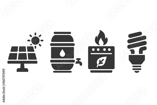 Sustainable living glyph icon set. Eco-friendly symbols for green energy and conservation. Solar panel, rainwater harvesting barrel, bio-fuel stove, and energy-saving light bulb.
