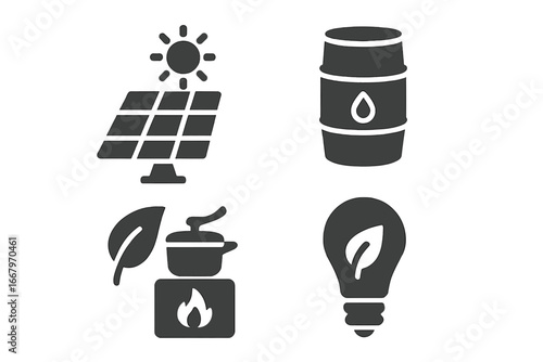 Sustainable living solid glyph icon set. Eco friendly concept. Renewable green energy, solar panel, rainwater barrel, biomass stove, energy saving lamp vector illustration.