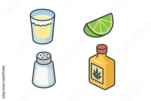 Isometric Flat Icon Set of Tequila Celebration Essentials with Shot Glass, Lime Wedge, Salt Shaker, and Tequila Bottle Vector Illustration on Transparent Background