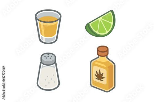 Isometric Isolated Tequila Celebration Icons Set with Shot Glass, Lime Wedge, Salt Shaker, and Tequila Bottle – Flat Vector Illustration for Party and Beverage Themes